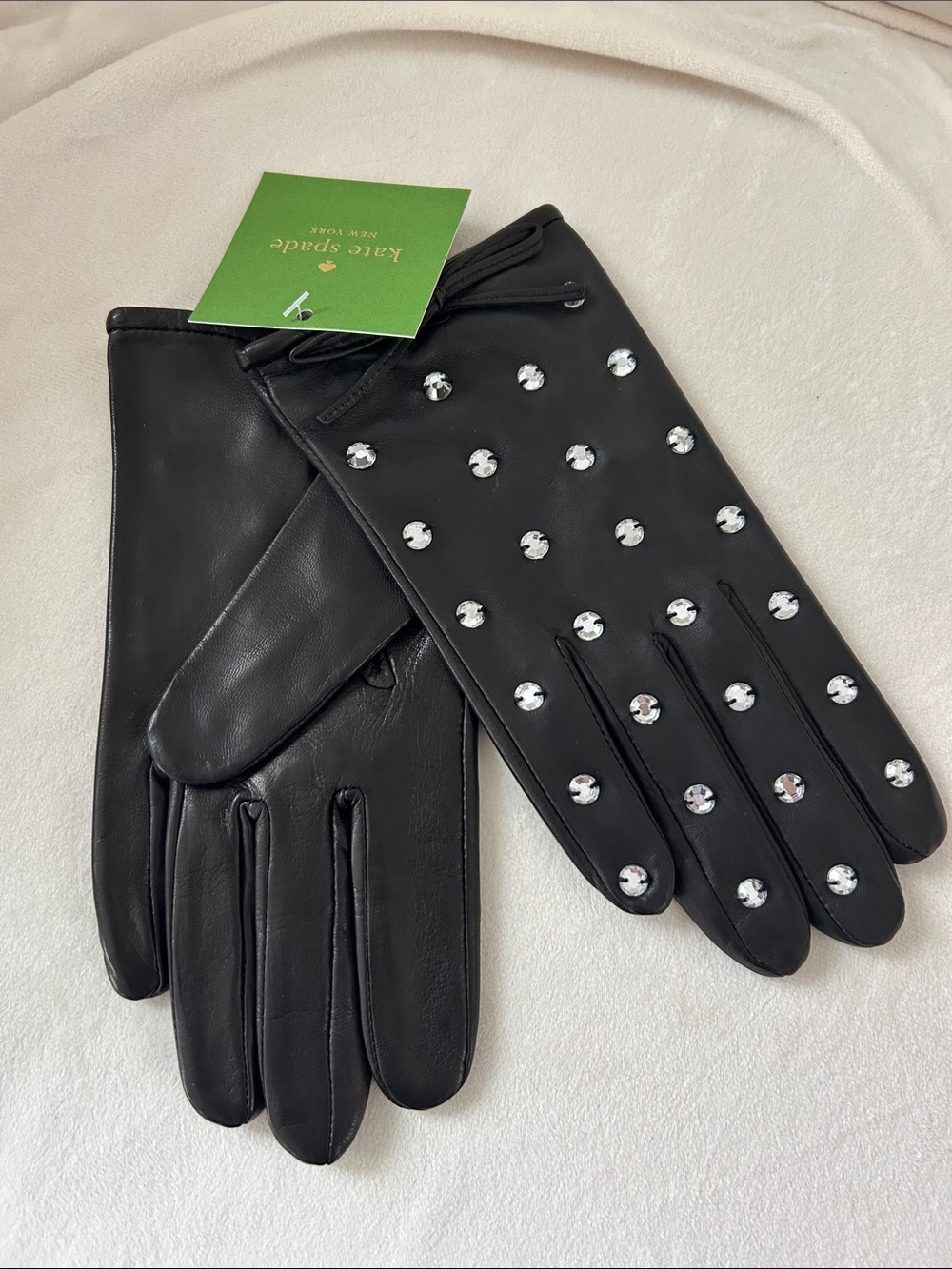 kate spade Black Leather Gloves with Crystal Studs